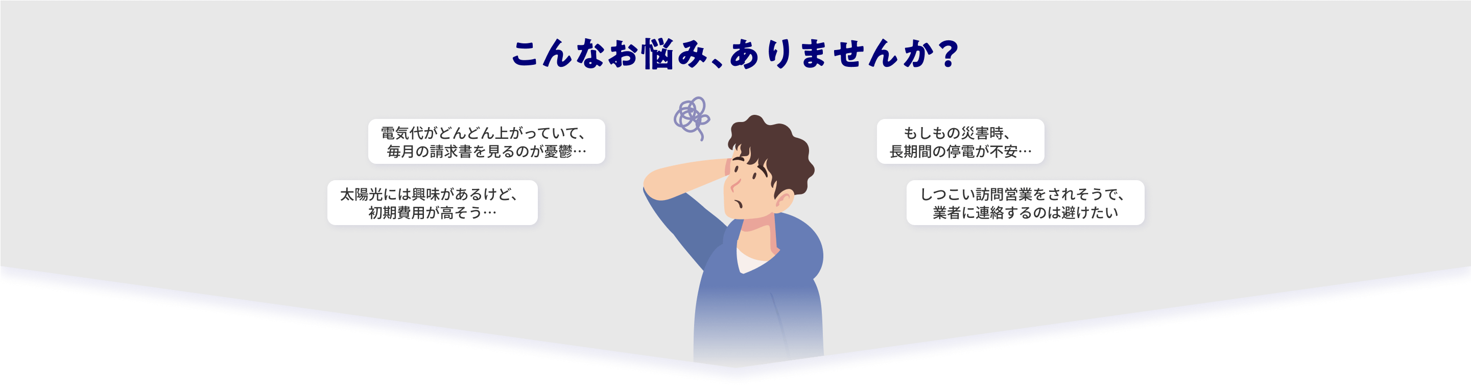 こんなお悩みありませんか？/電気代がどんどん上がっていて、毎月の請求書を見るのが憂鬱…/もしもの災害時、長期間の停電が不安…/太陽光には興味があるけど、初期費用が高そう…/しつこい訪問営業をされそうで、業者に連絡するのは避けたい
